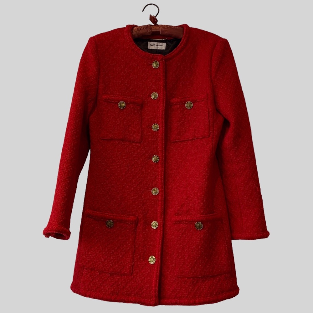 SAINT LAURENT PARIS DIAMOND EMBOSSED WOOL TWEED BLAZER JACKET RED - Picture 2 of 16